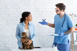 Veterinarian with cat and owner